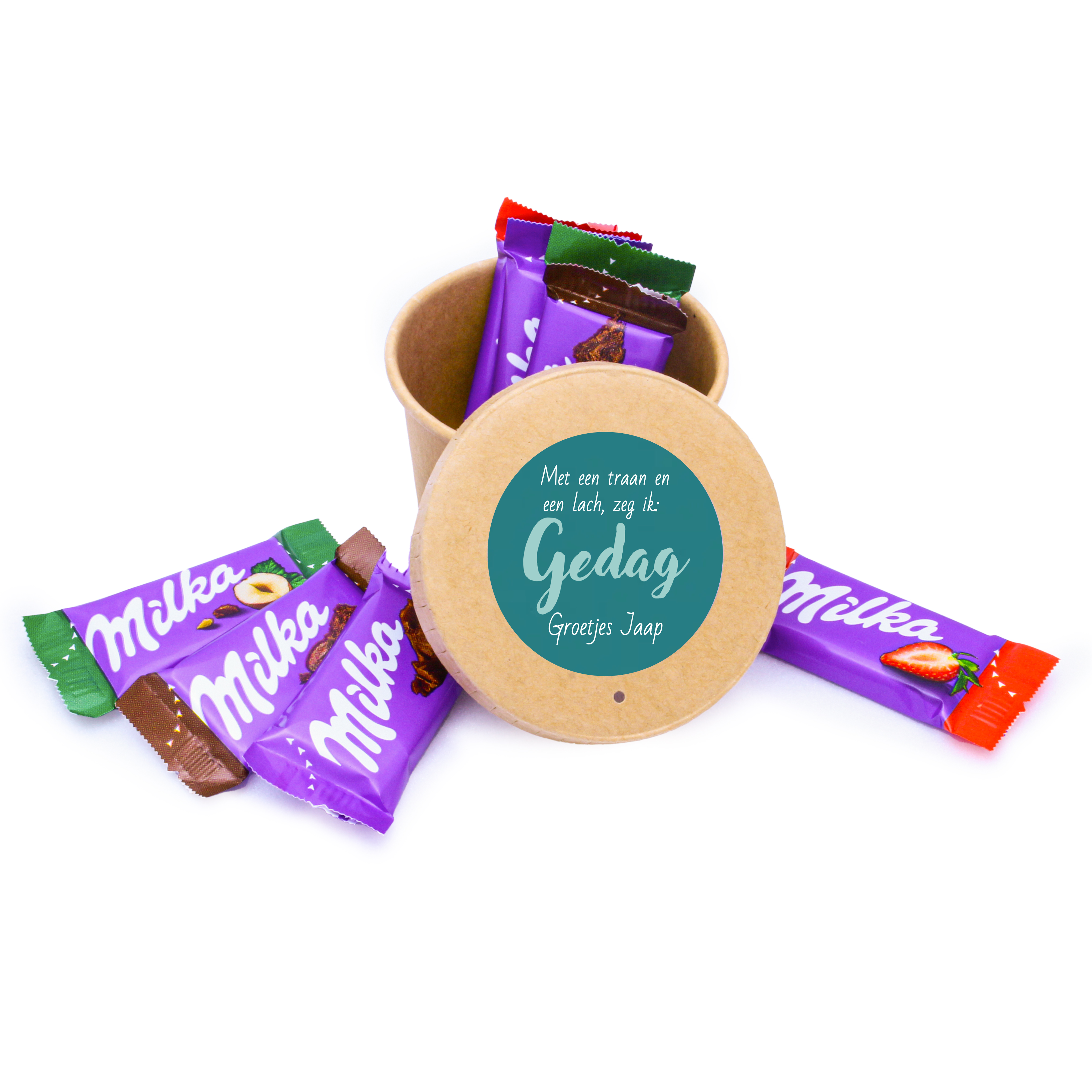 Kraft beker met bedrukte sticker - Gevuld met Milka chocolade